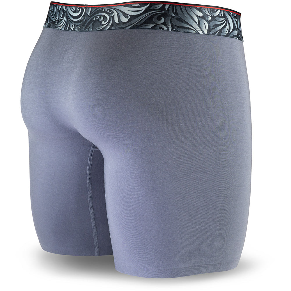 Light Grey men's boxer briefs featuring a contoured "Caldera Pouch" for support, a grey patterned waistband, and a 7" inseam. Back Image.