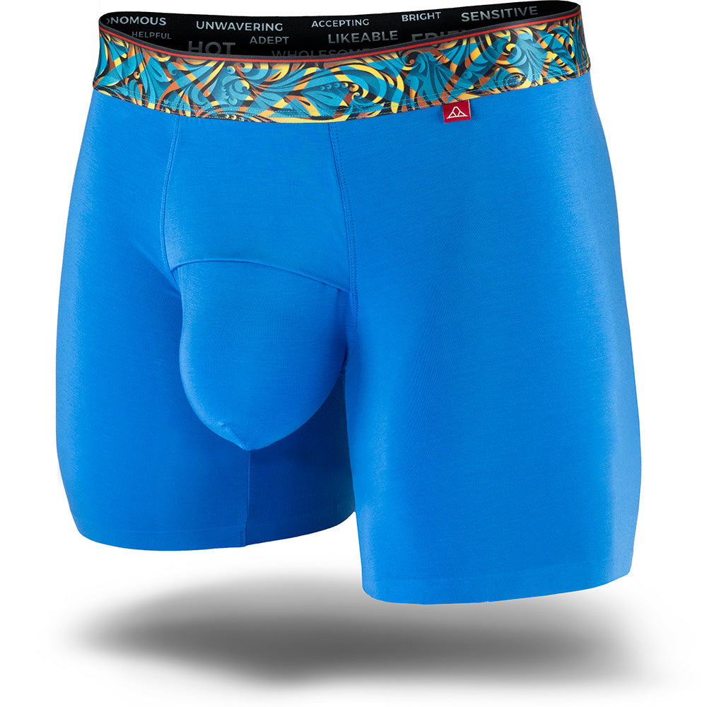 Herculaneum Blue men's boxer brief featuring a contoured single layer Pouch with with horizontal fly, patterned waistband, seamless hems and a 5" inseam. Front Image.