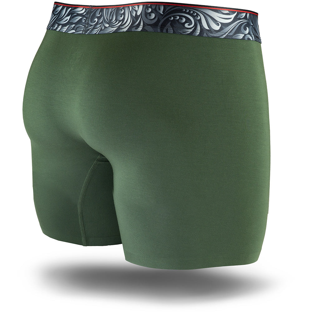 Power Green men's boxer brief featuring a contoured single layer Pouch with with horizontal fly, patterned waistband, seamless hems and a 5" inseam. Back Image.
