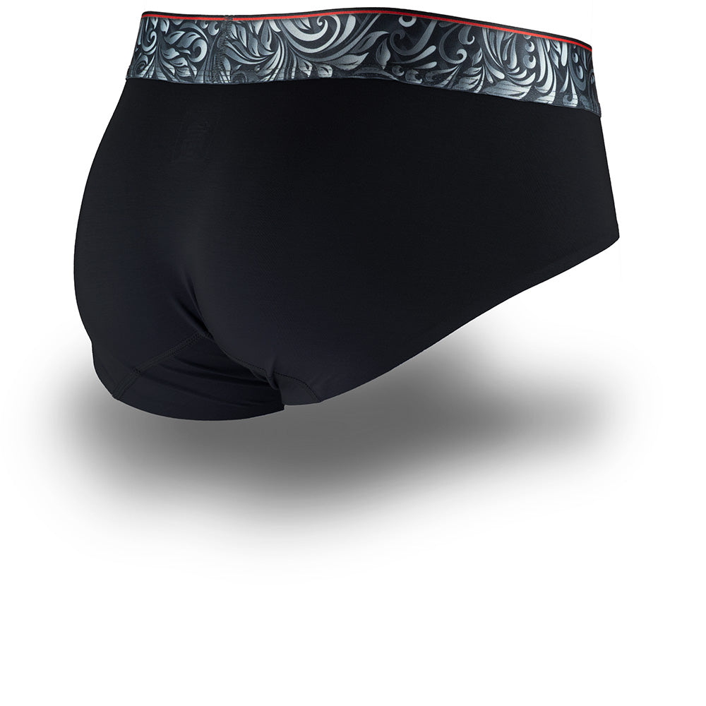 Black men's briefs underwear with a patterned waistband showcasing the Caldera Pouch design for support and a seamless hem.