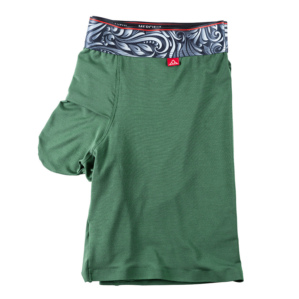 Green men's boxer briefs featuring a contoured "Caldera Pouch" for support, a grey patterned waistband, and a 7" inseam. Side Image.