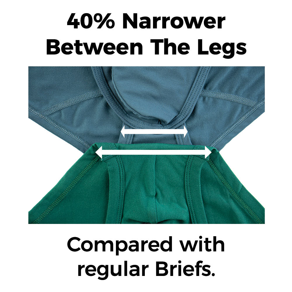 Comparison image highlighting how the briefs have 40% narrower section between the legs.