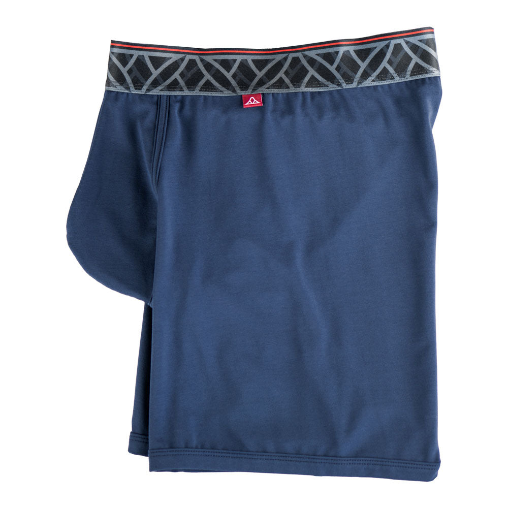 Blue men's boxer briefs featuring a contoured Pouch for support without a fly, a grey patterned waistband, and a 7" inseam. Side Image.