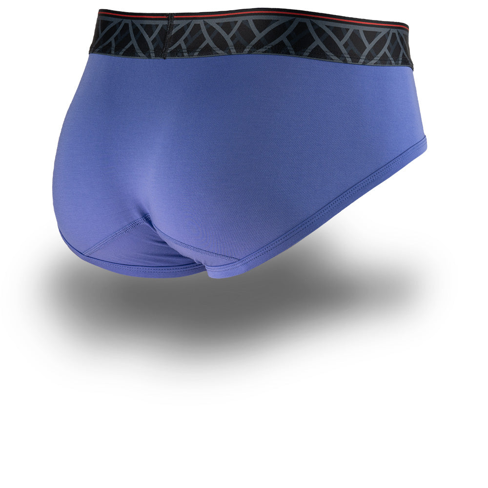 Purple men's briefs featuring a contoured Pouch for support without a fly, a grey patterned waistband. Back Image.