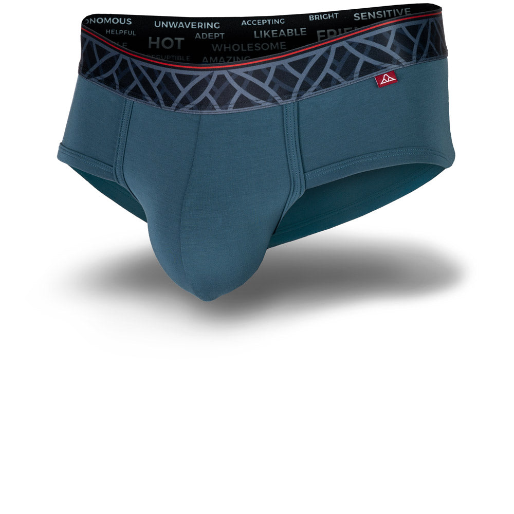 Blue men's briefs featuring a contoured Pouch for support without a fly, a grey patterned waistband. Front Image.