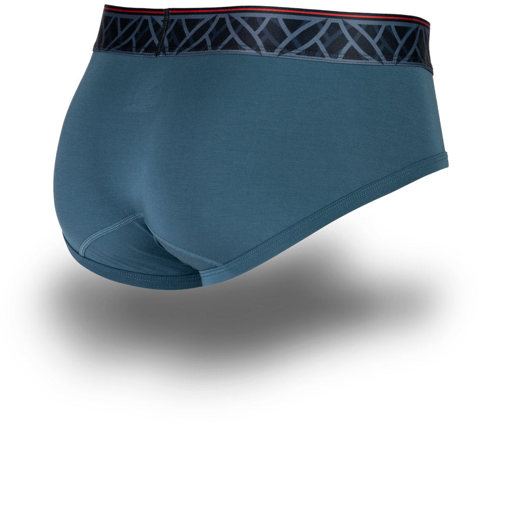 Purple men's briefs featuring a contoured Pouch for support without a fly, a grey patterned waistband. Back Image.