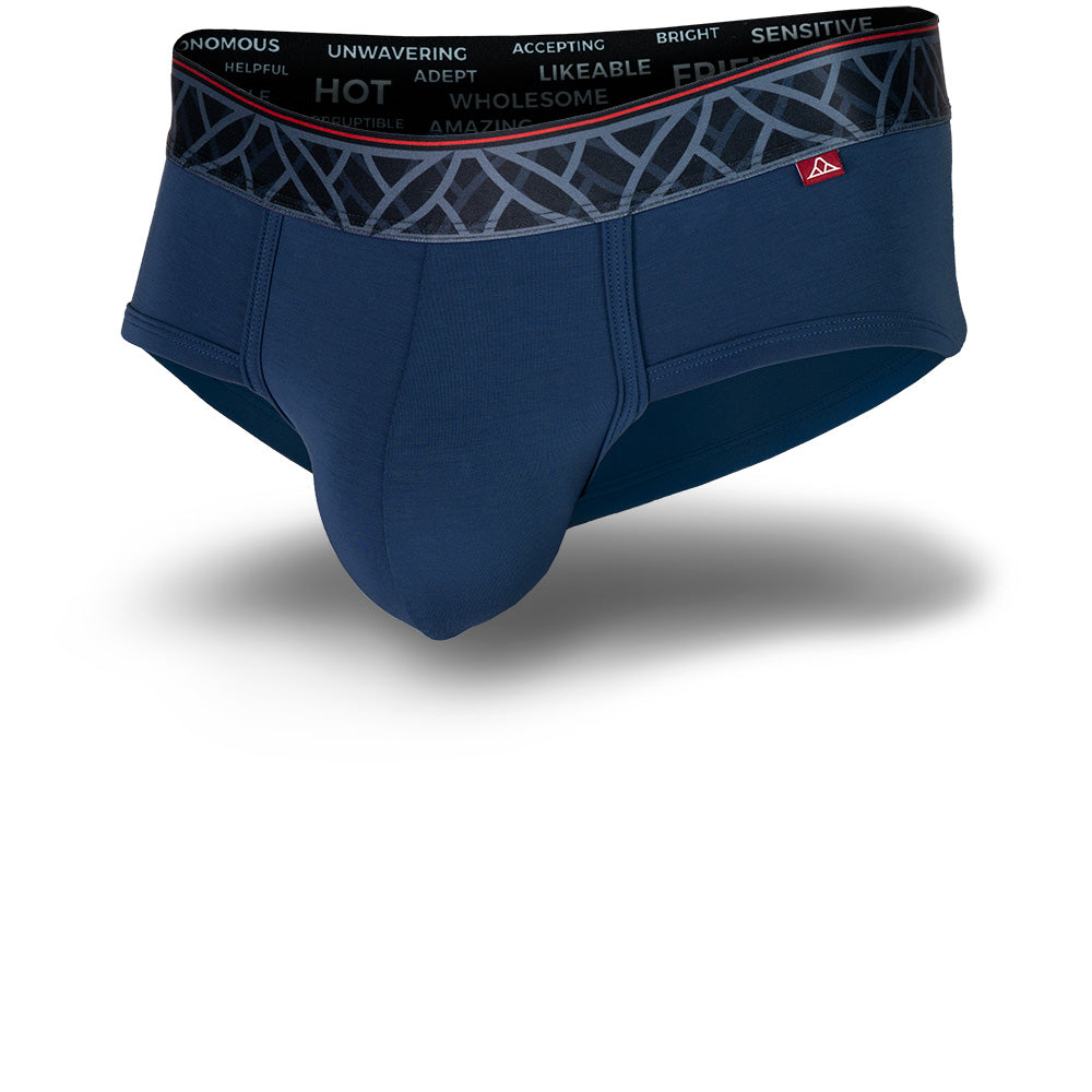 Imperial Blue men's briefs featuring a contoured Pouch for support without a fly, a grey patterned waistband. Front Image.