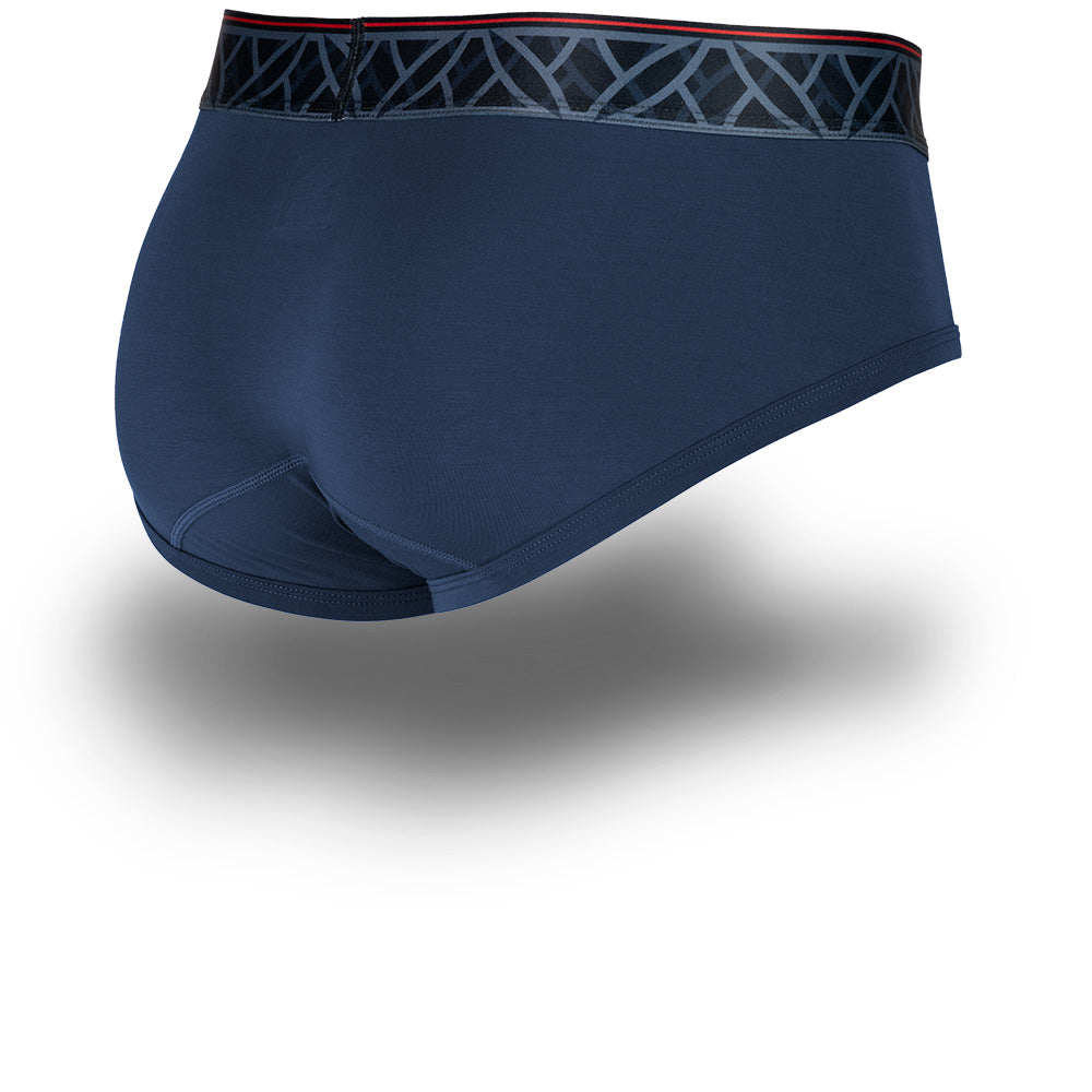 Purple men's briefs featuring a contoured Pouch for support without a fly, a grey patterned waistband. Back Image.