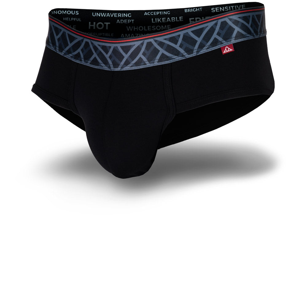 Black men's briefs featuring a contoured Pouch for support without a fly, a grey patterned waistband. Front Image.
