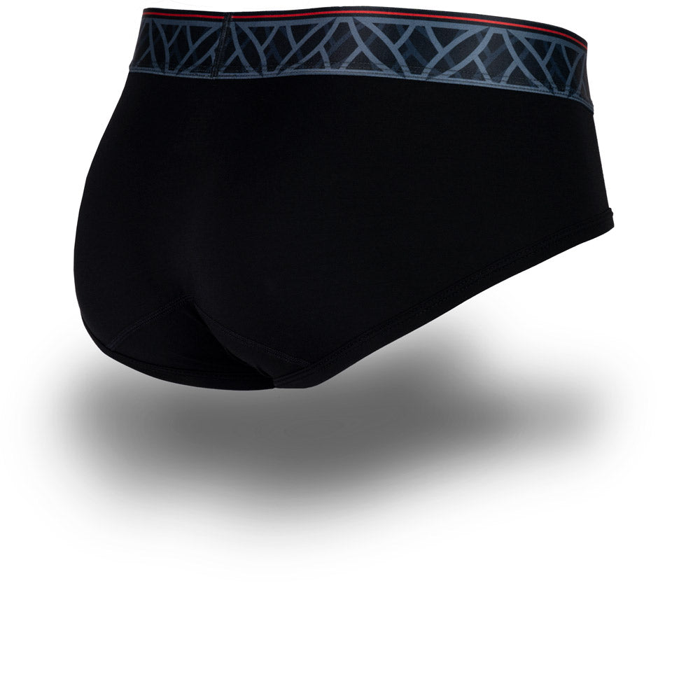 Black men's briefs featuring a contoured Pouch for support without a fly, a grey patterned waistband. Back Image.