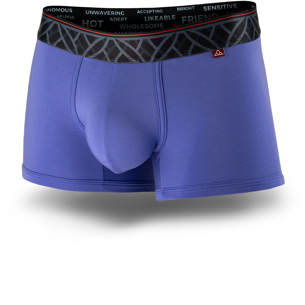 Glacier Blue men's trunks featuring a contoured Pouch for support without a fly, a grey patterned waistband. and a 2" inseam. Front Image.