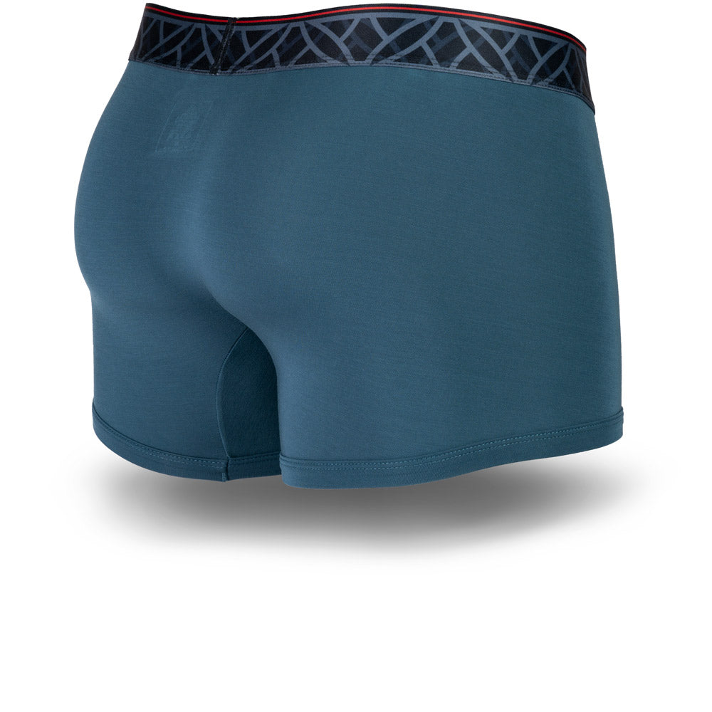 Imperial Blue men's trunks featuring a contoured Pouch for support without a fly, a grey patterned waistband. and a 2" inseam. Back Image.
