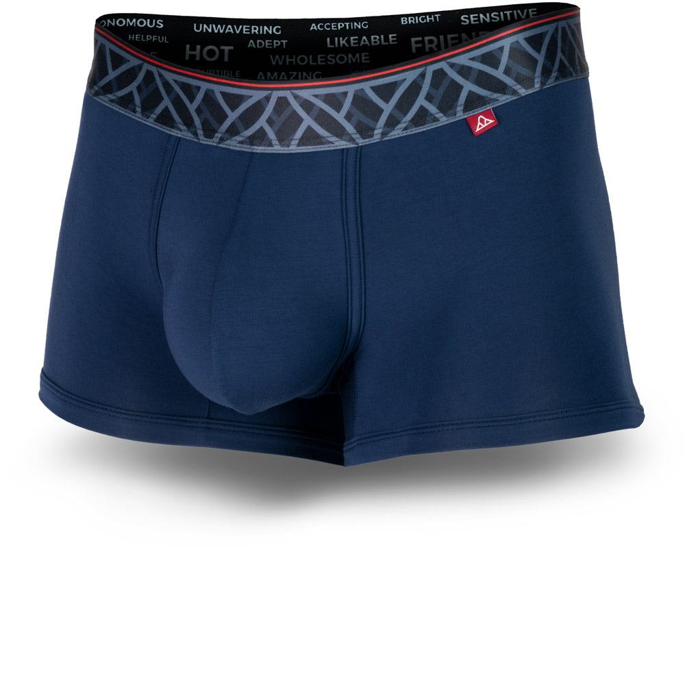 Midnight Blue men's trunks featuring a contoured Pouch for support without a fly, a grey patterned waistband. and a 2" inseam. Front Image.