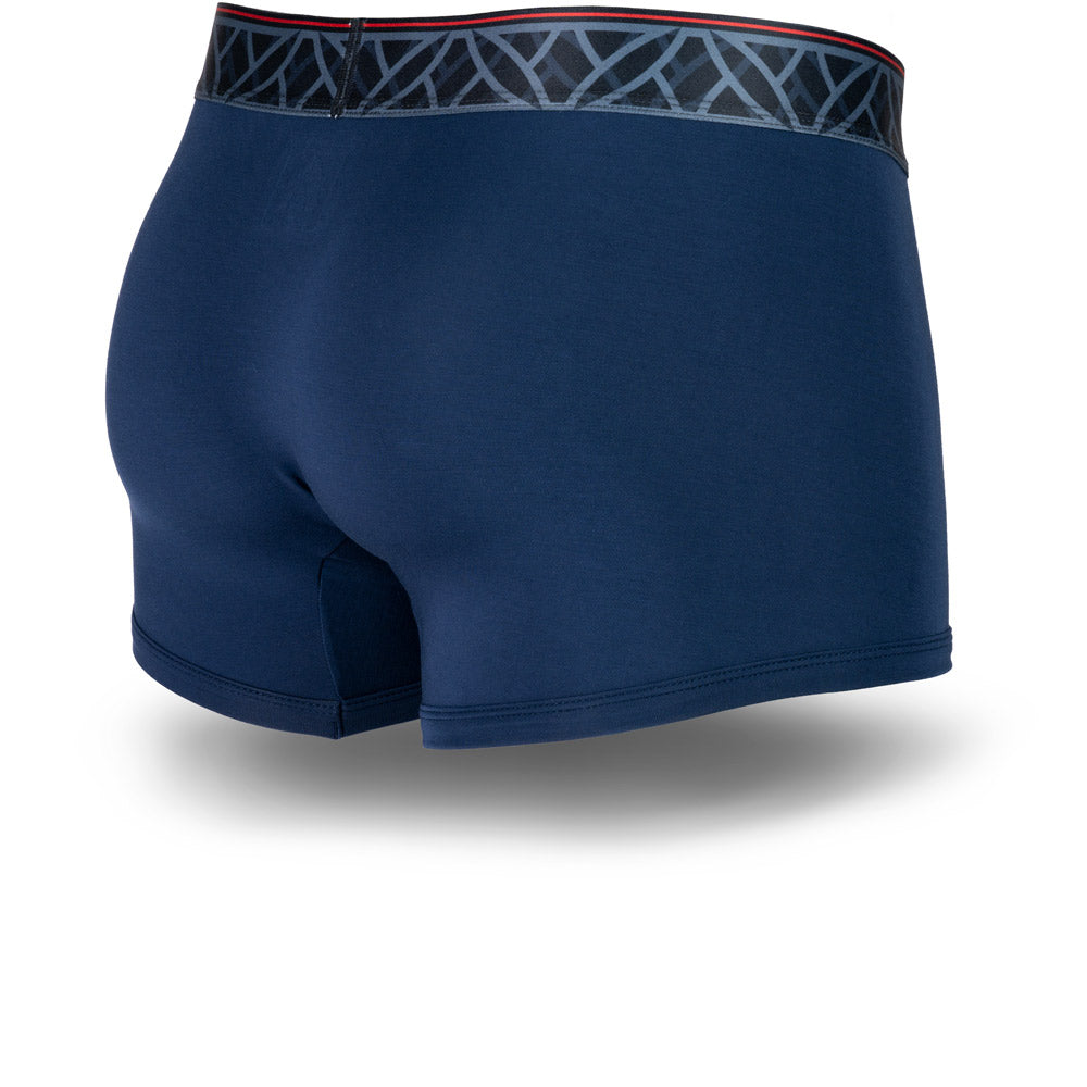 Midnight Blue men's trunks featuring a contoured Pouch for support without a fly, a grey patterned waistband. and a 2" inseam. Back Image.