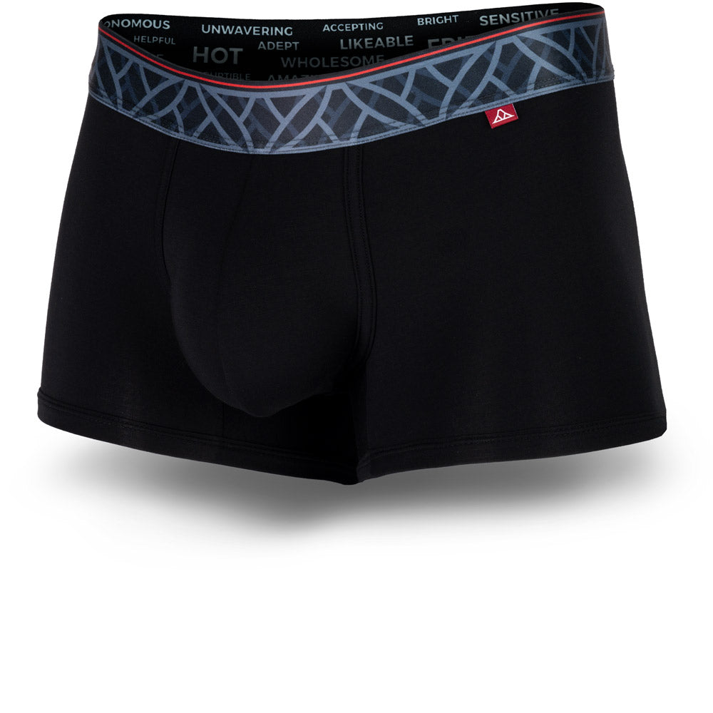 Black men's trunks featuring a contoured Pouch for support without a fly, a grey patterned waistband. and a 2" inseam. Front Image.