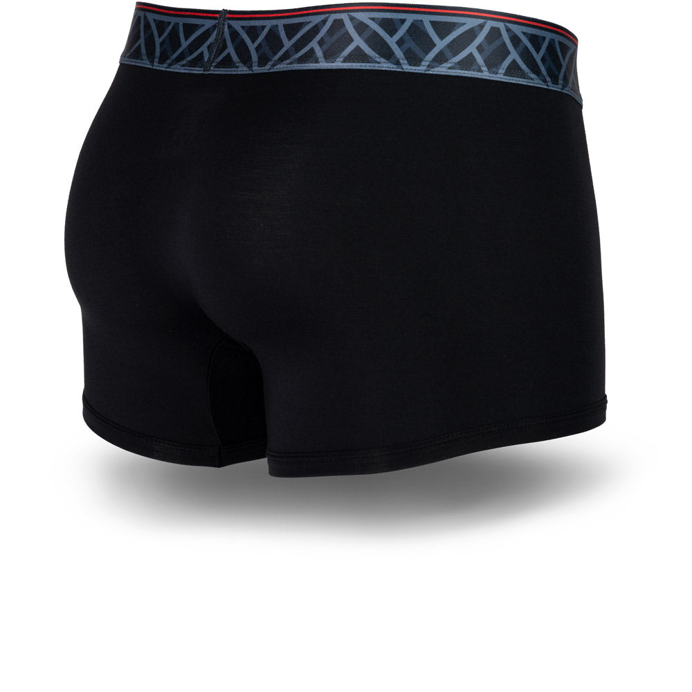 Black men's trunks featuring a contoured Pouch for support without a fly, a grey patterned waistband. and a 2" inseam. Back Image.