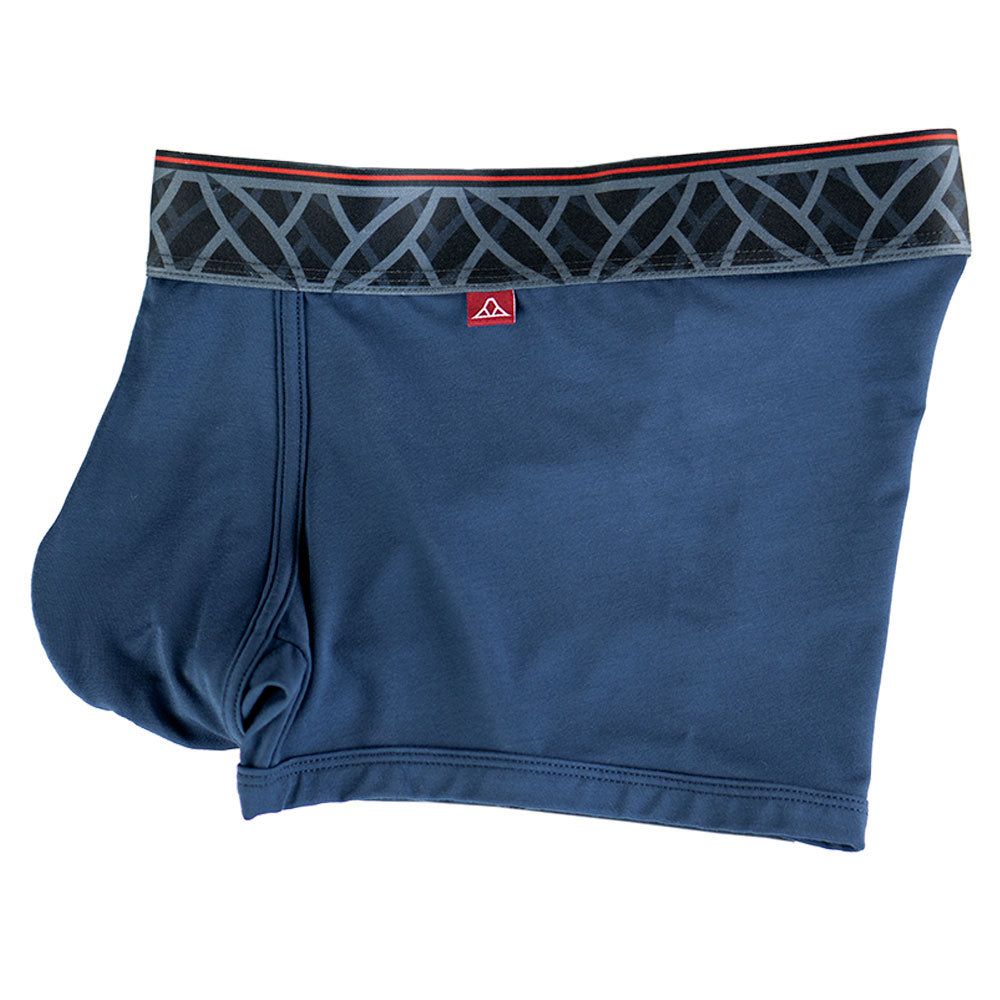 Midnight blue men's trunks featuring a contoured Pouch for support without a fly, a grey patterned waistband. and a 2" inseam. Side Image.