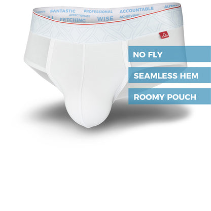 White boxer briefs with text on a white background