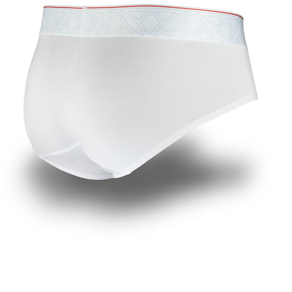 White men's underwear with a red waistband on a white background