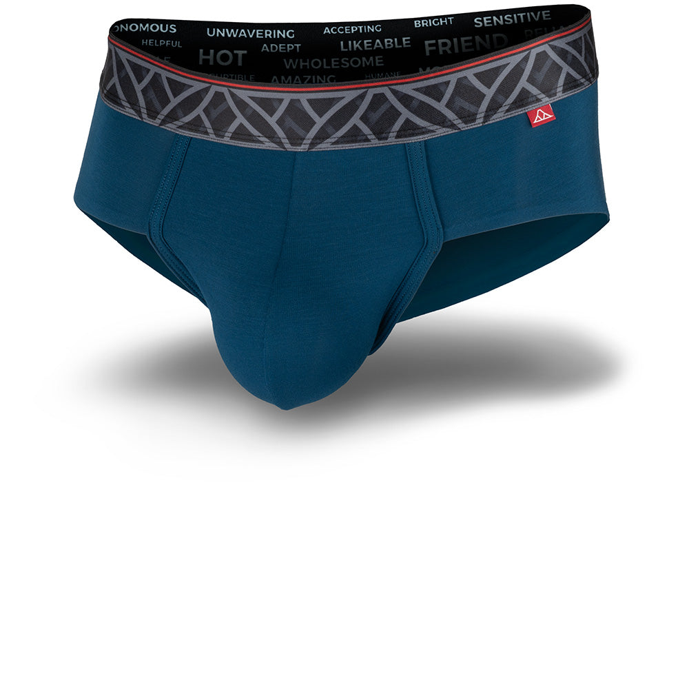 Blue men's underwear with a patterned waistband on a white background