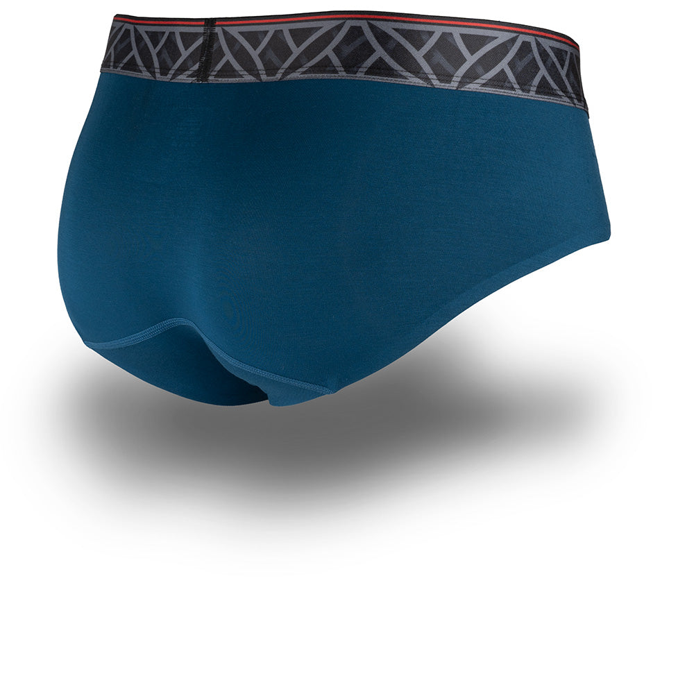 Blue men's underwear with patterned waistband on a white background