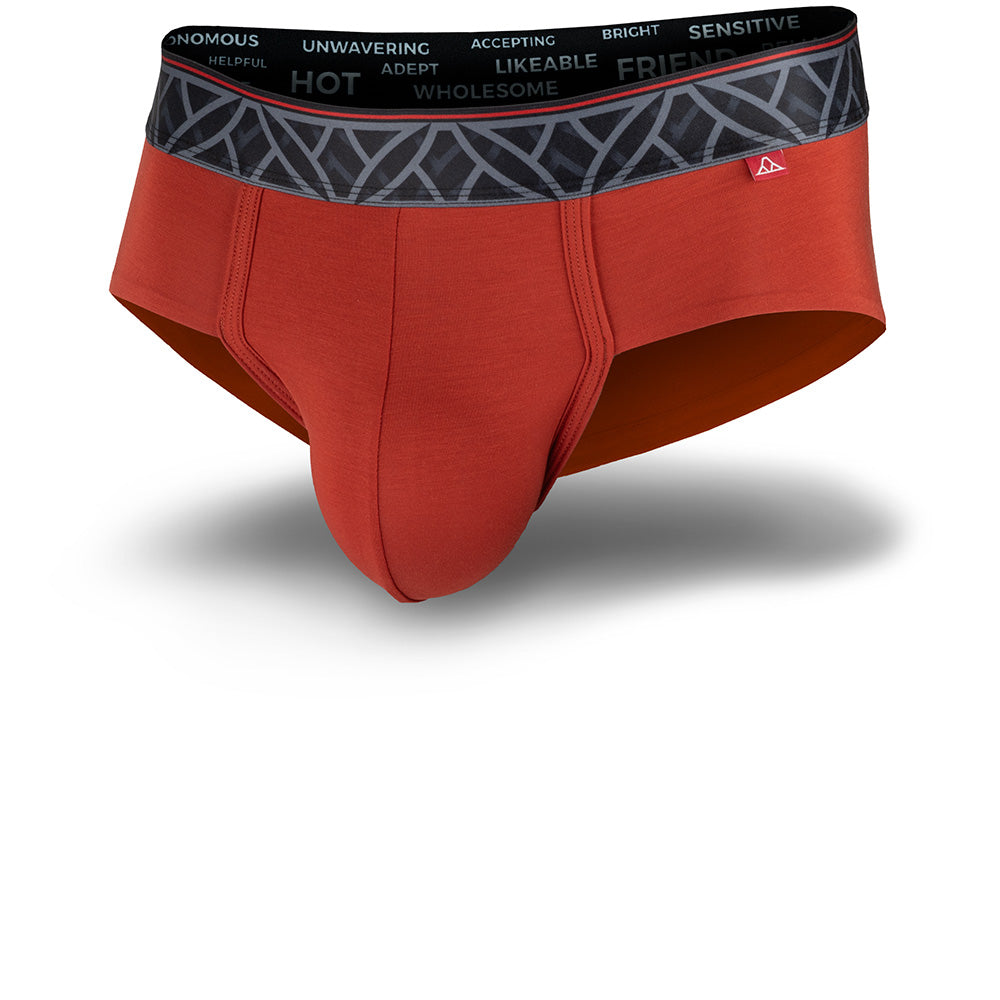 Red men's underwear with a patterned waistband on a white background