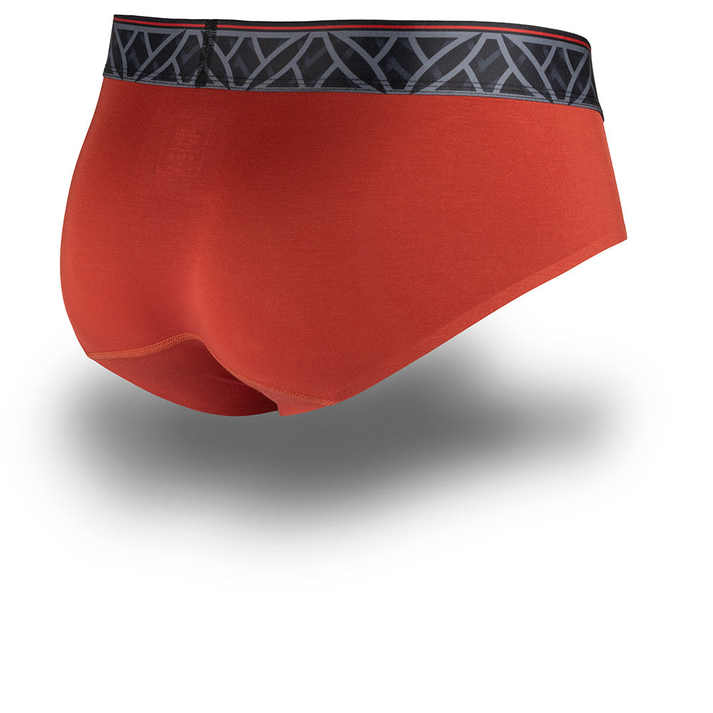 Red men's underwear with a patterned waistband on a white background