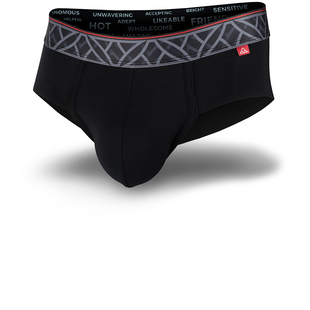Black men's underwear with patterned waistband on a white background