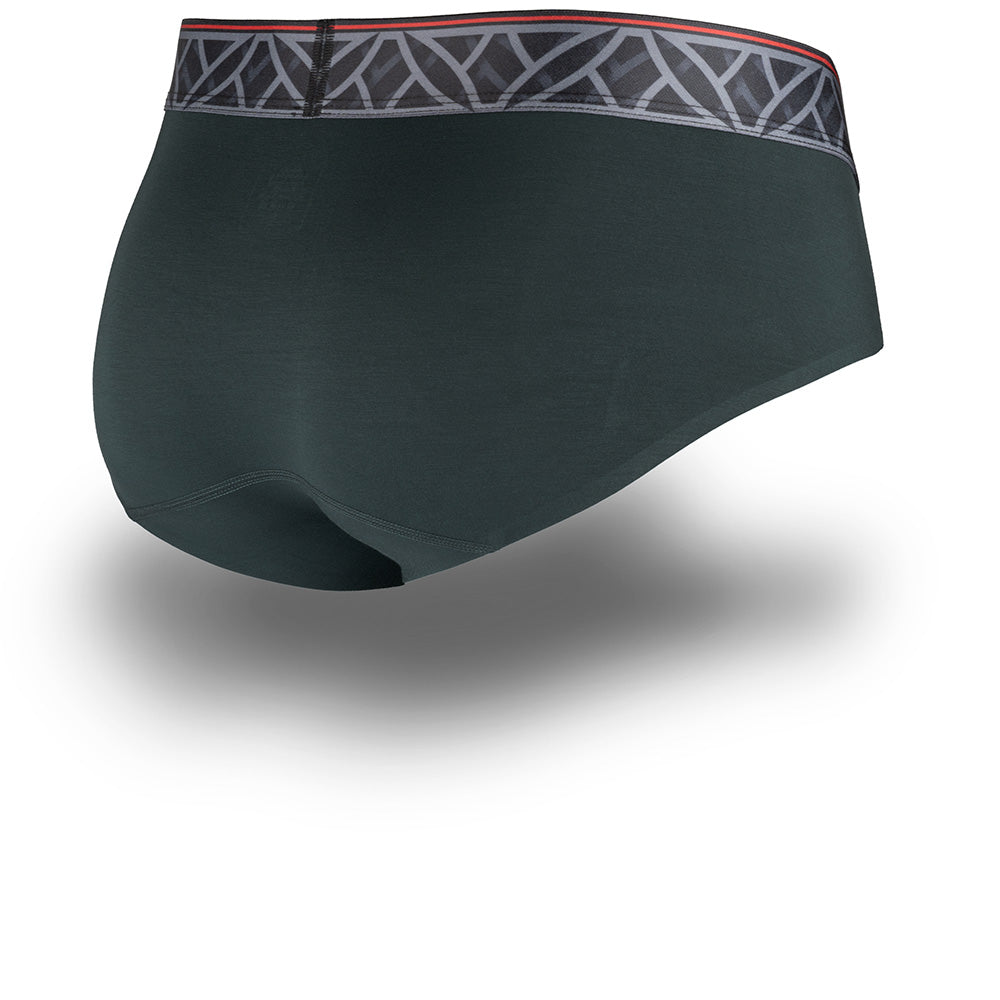 Dark green men's underwear with patterned waistband on a white background