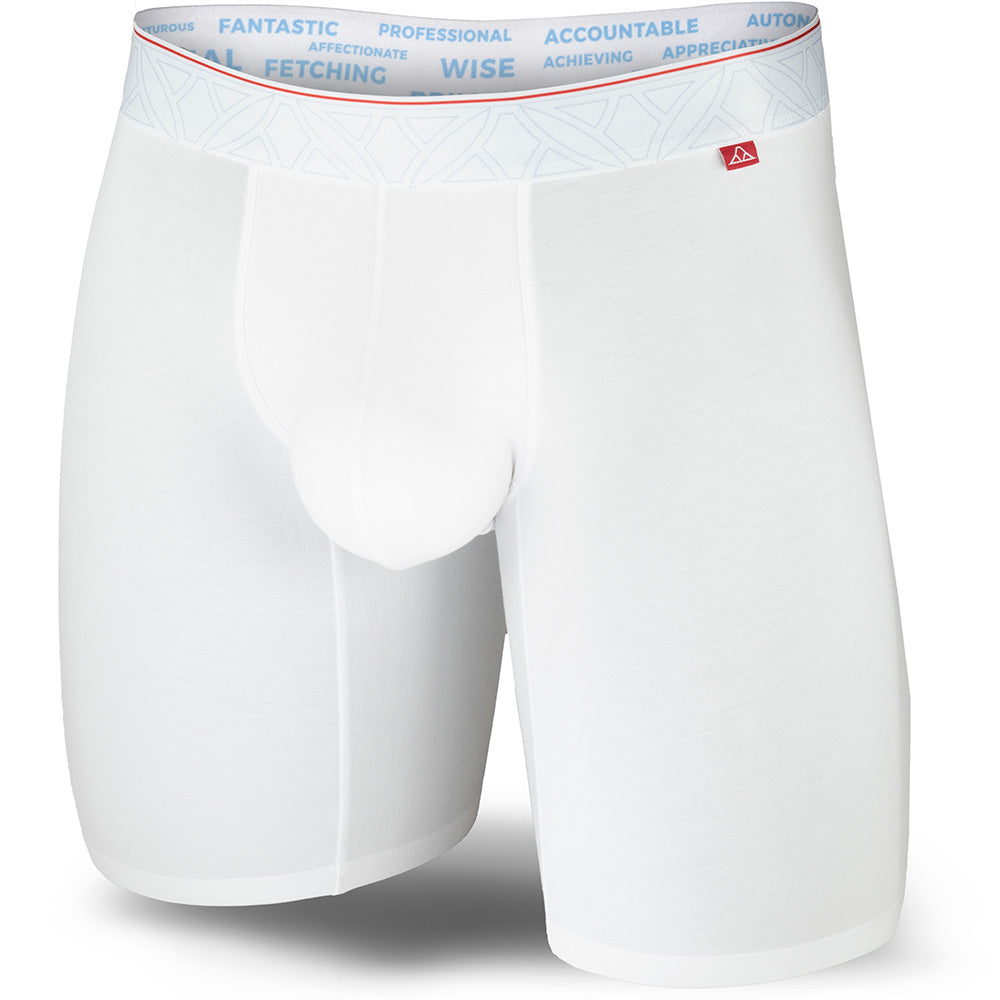 White boxer briefs with a red logo on a white background