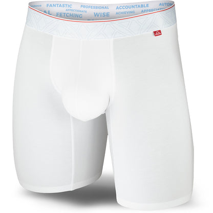 White boxer briefs with a red logo on a white background