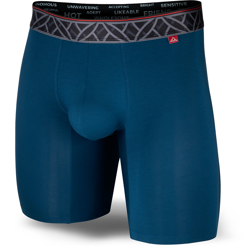 Blue boxer briefs with a patterned waistband on a white background