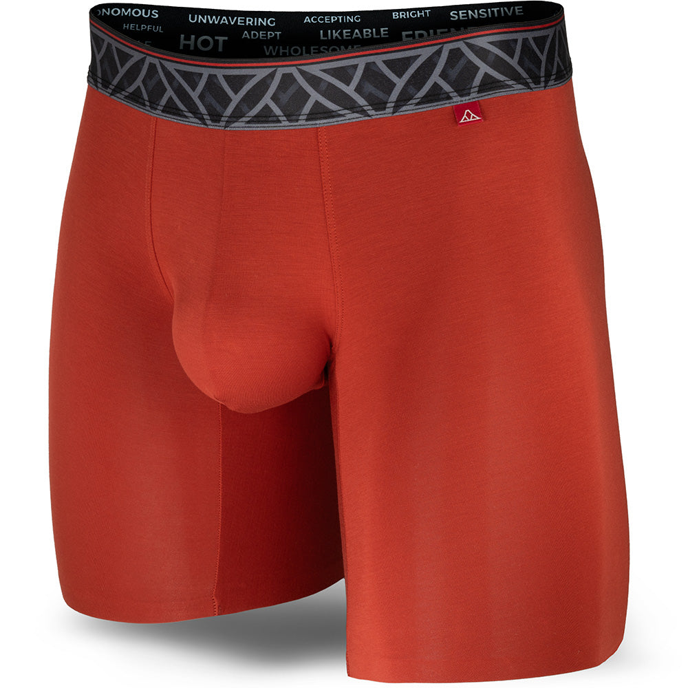 Red boxer briefs with a black and gray waistband on a white background