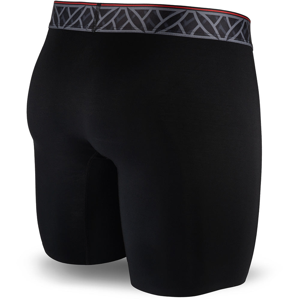 Black athletic shorts with a geometric patterned waistband on a white background