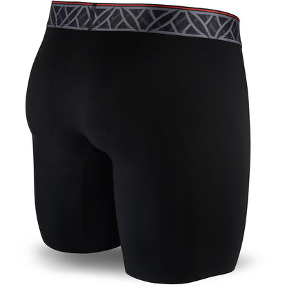 Black athletic shorts with a geometric patterned waistband on a white background