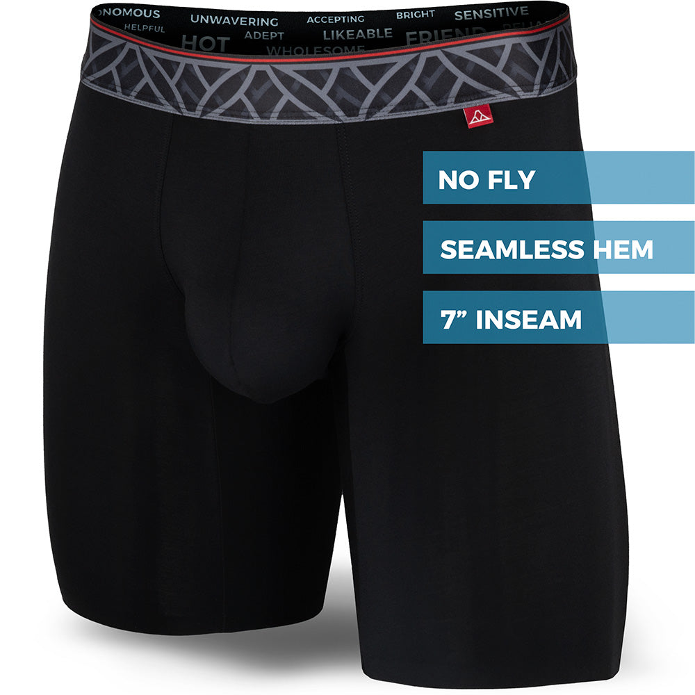 Black boxer briefs with text detailing features on a white background