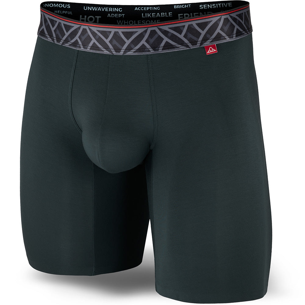Black boxer briefs with a patterned waistband on a white background