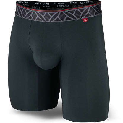 Black boxer briefs with a patterned waistband on a white background