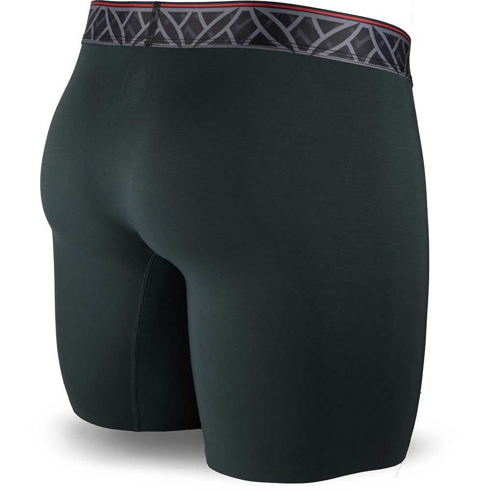 Black athletic shorts with a geometric pattern on the waistband against a white background