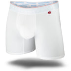 White boxer briefs with text on the waistband against a white background