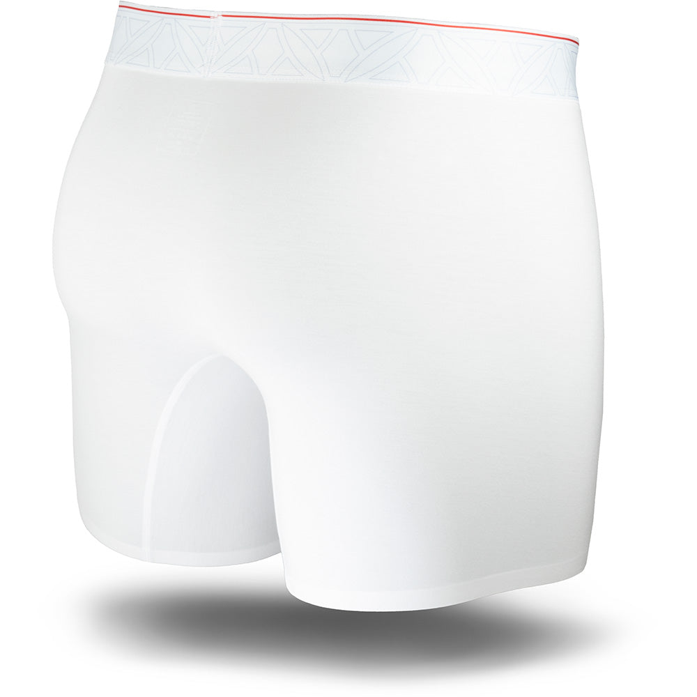 White boxer briefs with a red waistband on a white background