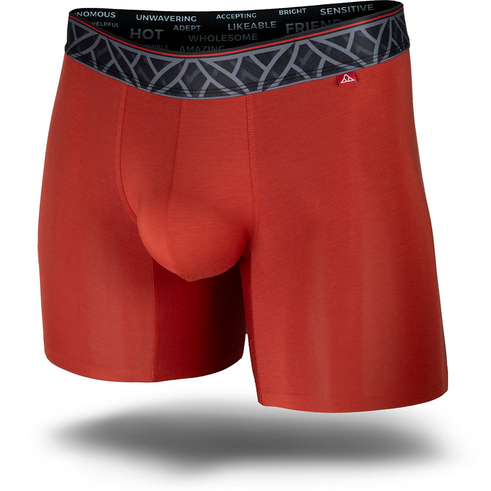 Lava Red men's boxer brief featuring a contoured single layer Pouch with no fly, patterned waistband, seamless hems and a 5" inseam. Front Image.