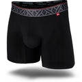 Black men's boxer brief featuring a contoured single layer Pouch with no fly, patterned waistband, seamless hems and a 5" inseam. Front Image.