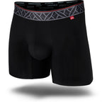 Black men's boxer brief featuring a contoured single layer Pouch with no fly, patterned waistband, seamless hems and a 5" inseam. Front Image.