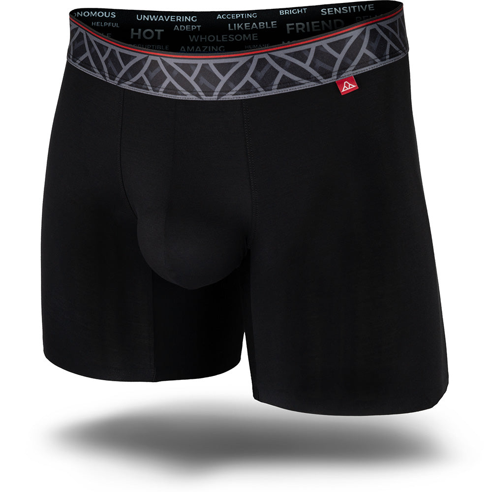 Black men's boxer brief featuring a contoured single layer Pouch with no fly, patterned waistband, seamless hems and a 5" inseam. Front Image.