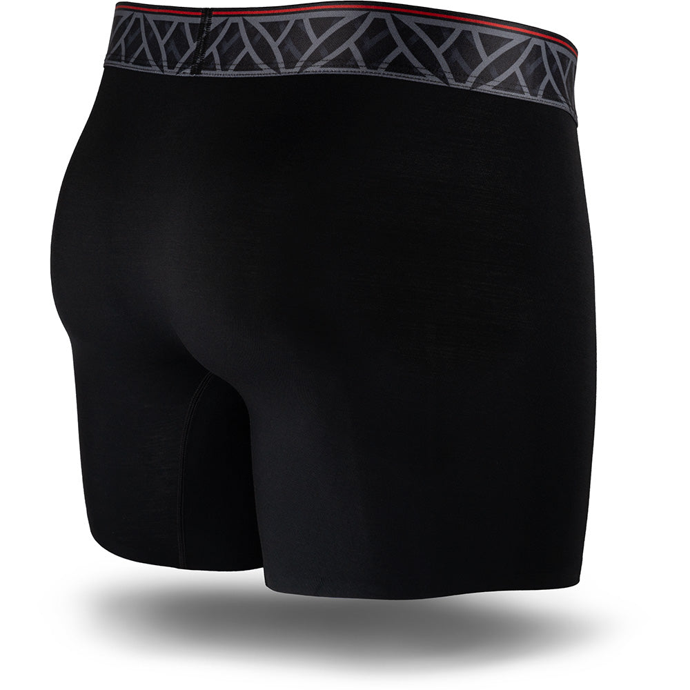 Black men's boxer brief featuring a contoured single layer Pouch with no fly, patterned waistband, seamless hems and a 5" inseam. Back Image.