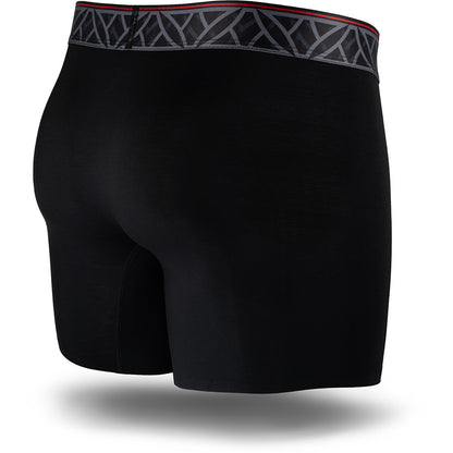Black men's boxer brief featuring a contoured single layer Pouch with no fly, patterned waistband, seamless hems and a 5" inseam. Back Image.