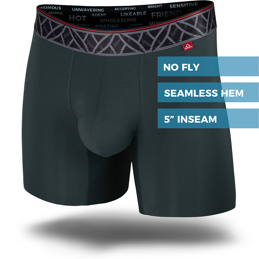 Black boxer briefs with a geometric patterned waistband on a white background.