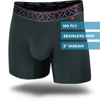 Black boxer briefs with a geometric patterned waistband on a white background.