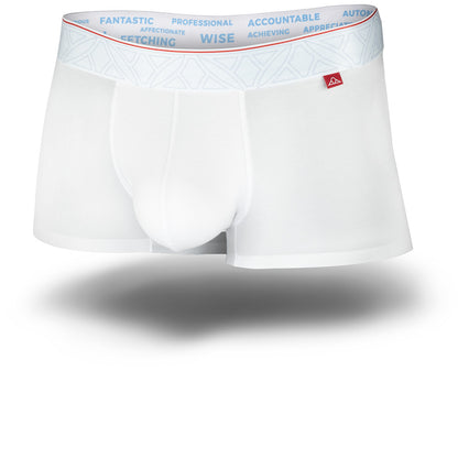 White boxer briefs with a brand logo on a white background